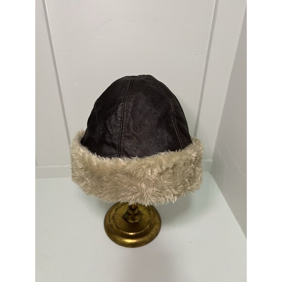 Sherpa Fleece Lined Skull Cap Faux Leather Hat Hood Cap Cream / Brown Sz Small - Picture 2 of 4
